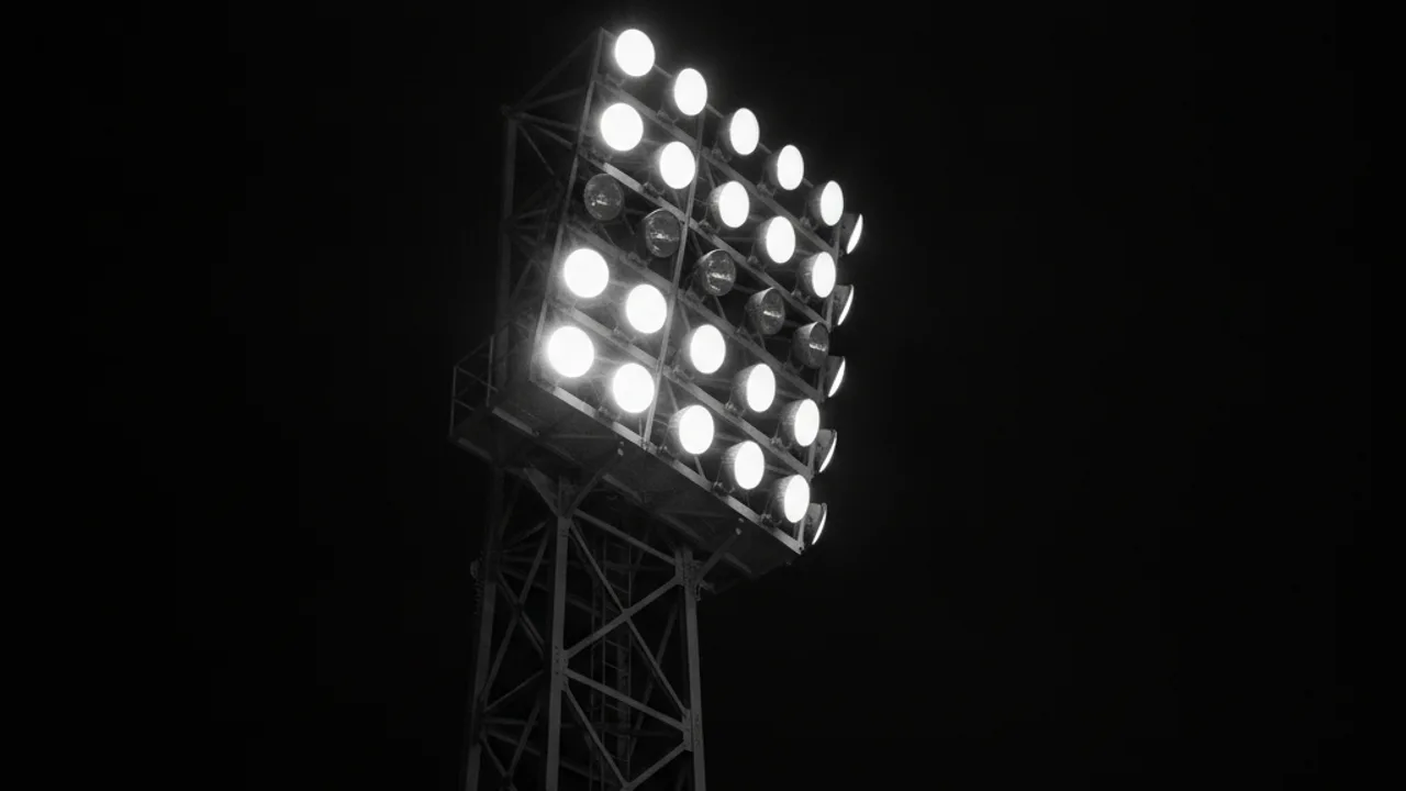 Yarısı karanlık floodlight kulesi, bir grup lamba sönük diğerleri yanıyor