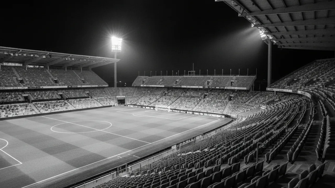 Gece floodlight altında boş stadyum, tribün sıraları perspektifte uzanıyor