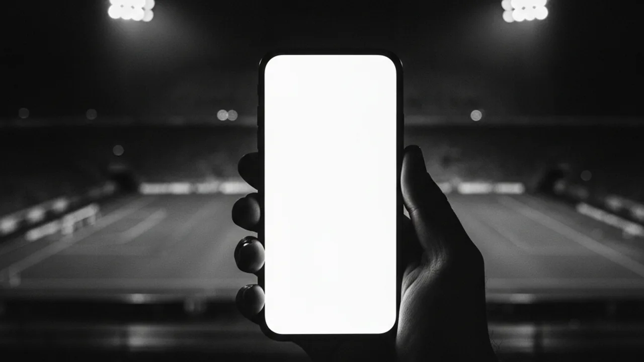 Karanlık tribünde boş parlak ekranlı telefonu tutan el, arkada floodlight
