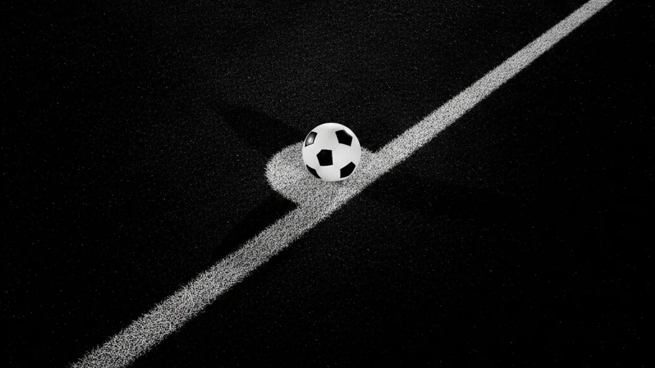 Siyah sahada tek beyaz çizgi üzerinde duran futbol topu, sert ışık